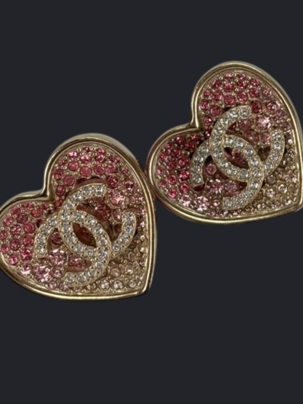 CHANEL Pink Crystal Heart CC Earrings